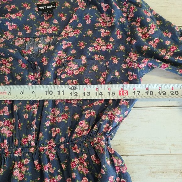 Wet Seal Womens Mini Dress Blue Floral 3/4 Roll Tab Sleeves M Cottage Feminine - Picture 6 of 7